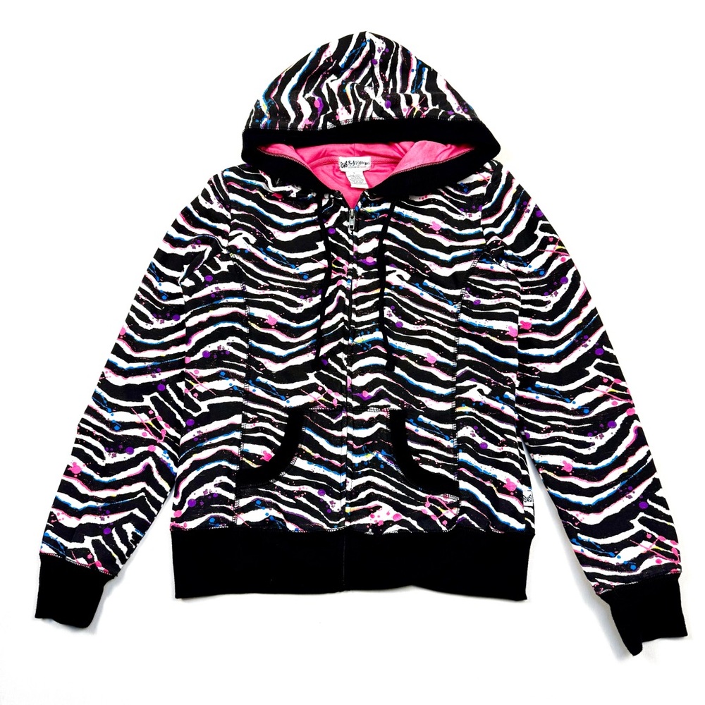 Y2K Emo Self Esteem Zebra Print Hoodie - Black, Pink, and Blue - Size Large